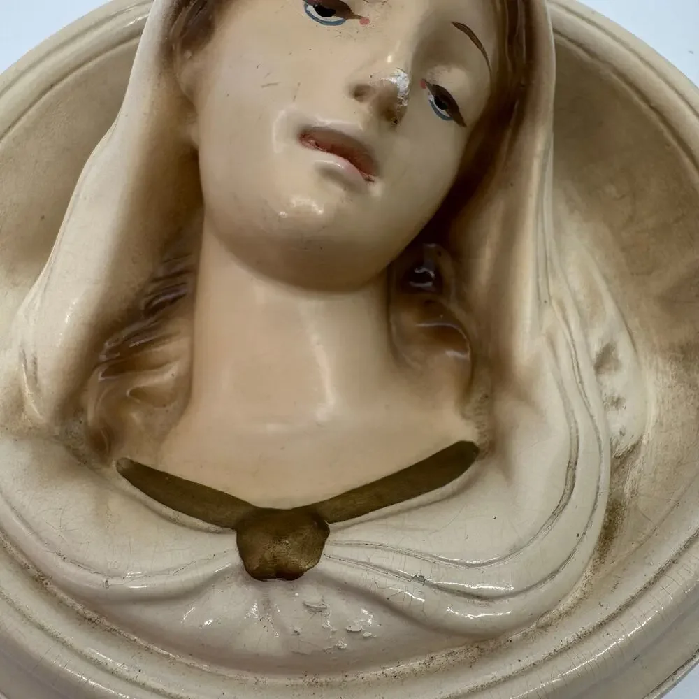Vintage Virgin Mary Madonna Chalkware Wall Plaque Catholic Religious Art 6